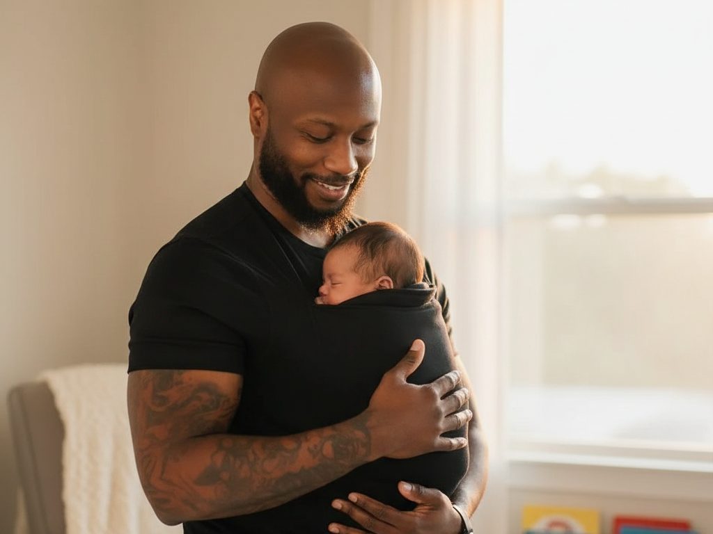 Father in a black LIOR Kangaroo Pocket T-Shirt holding his newborn in the pocket in a sunny nursery