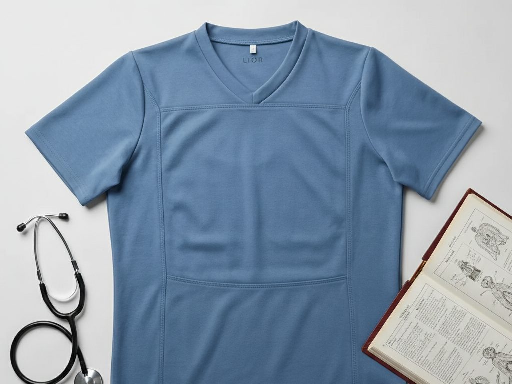 Blue LIOR Kangaroo Pocket T-Shirt laid flat beside a stethoscope and an open medical book