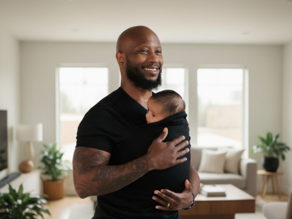 Smiling father standing in a bright living room with his newborn in the pocket of his black LIOR shirt