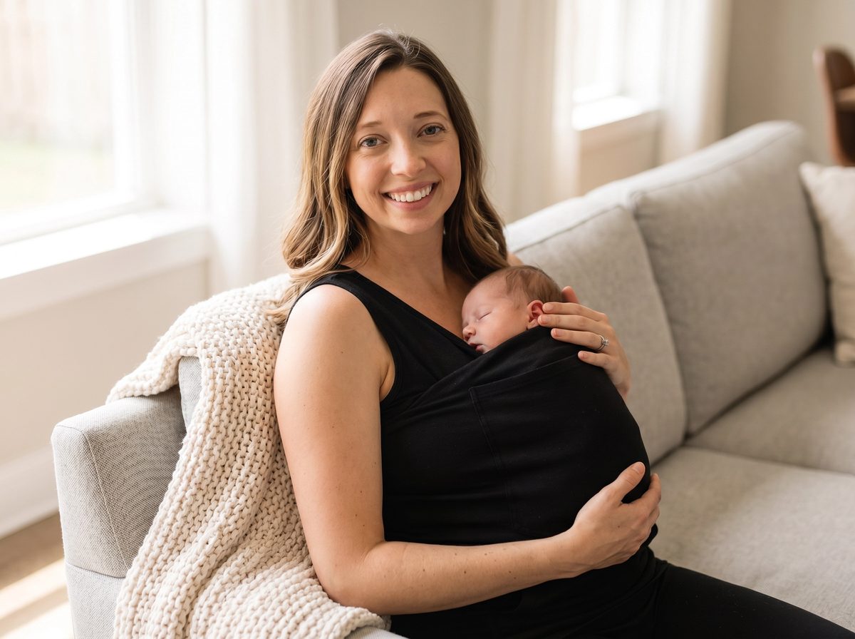 Smiling mother on a sofa with her newborn in the pocket of a black LIOR shirt