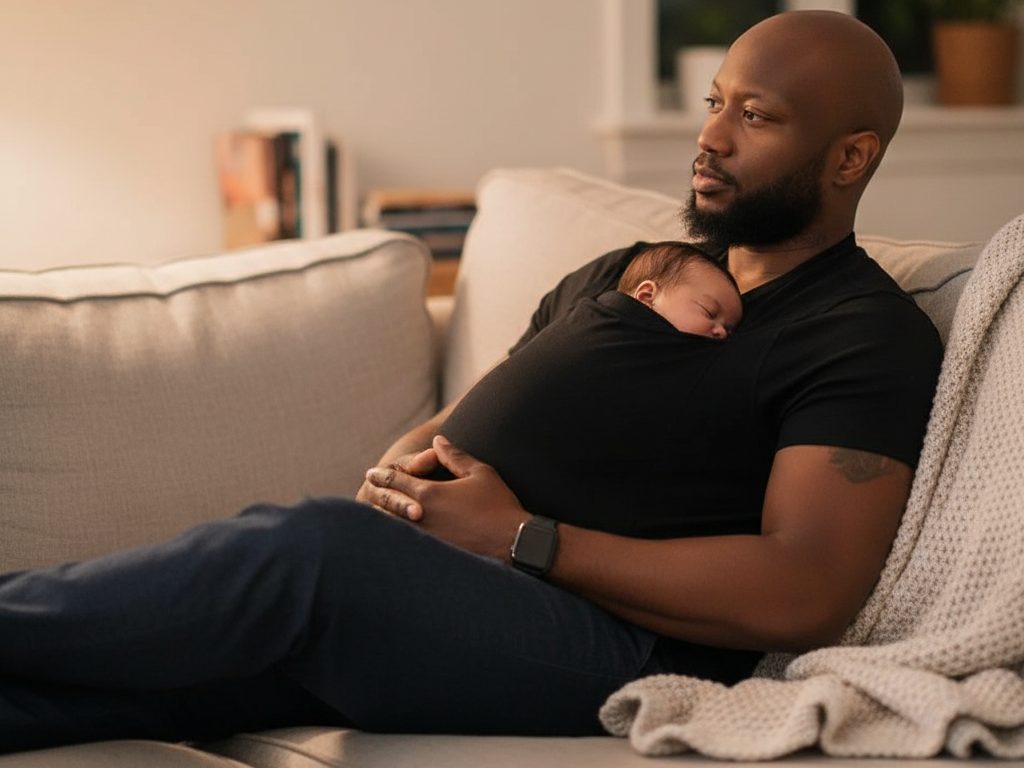 Father relaxing on a sofa with his newborn resting in the pocket of his black LIOR shirt